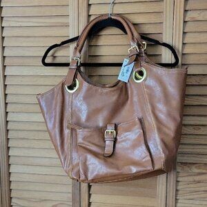 Laila Rowe Tan Tote Bag Faux Leather Shoulder Handbag Gold Hardware NWT
